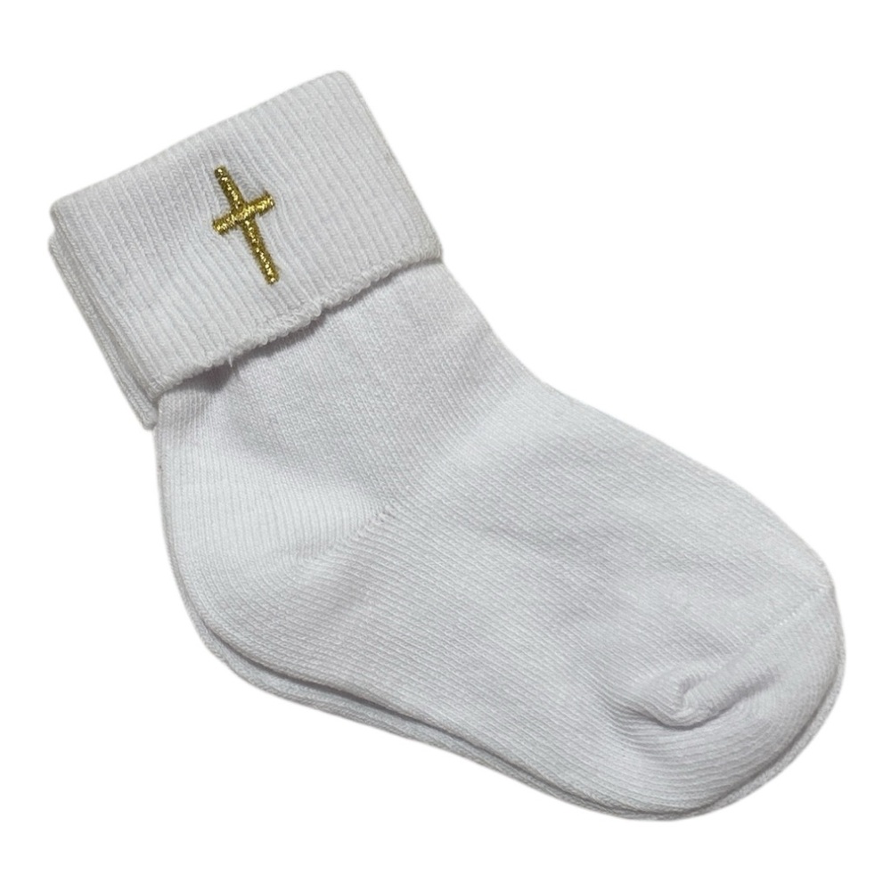 NWT. White Baby Socks with Gold Cross